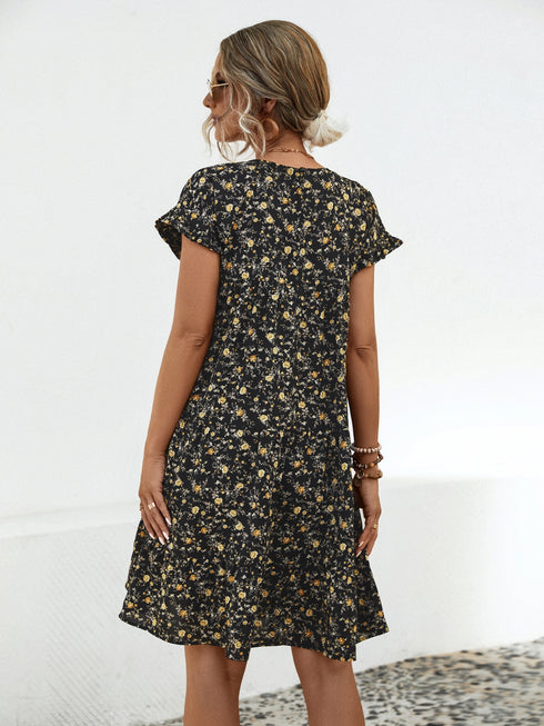 Frill Floral Round Neck Short Sleeve Tiered Dress - Odaingerous